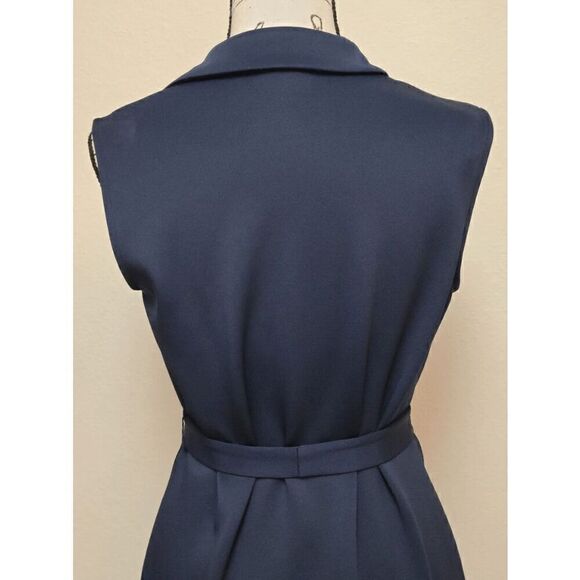 💙 EN FOCUS STUDIO Sleeveless Belted Moto Sheath Navy Blue Dress SIZE 8 - Picture 9 of 10